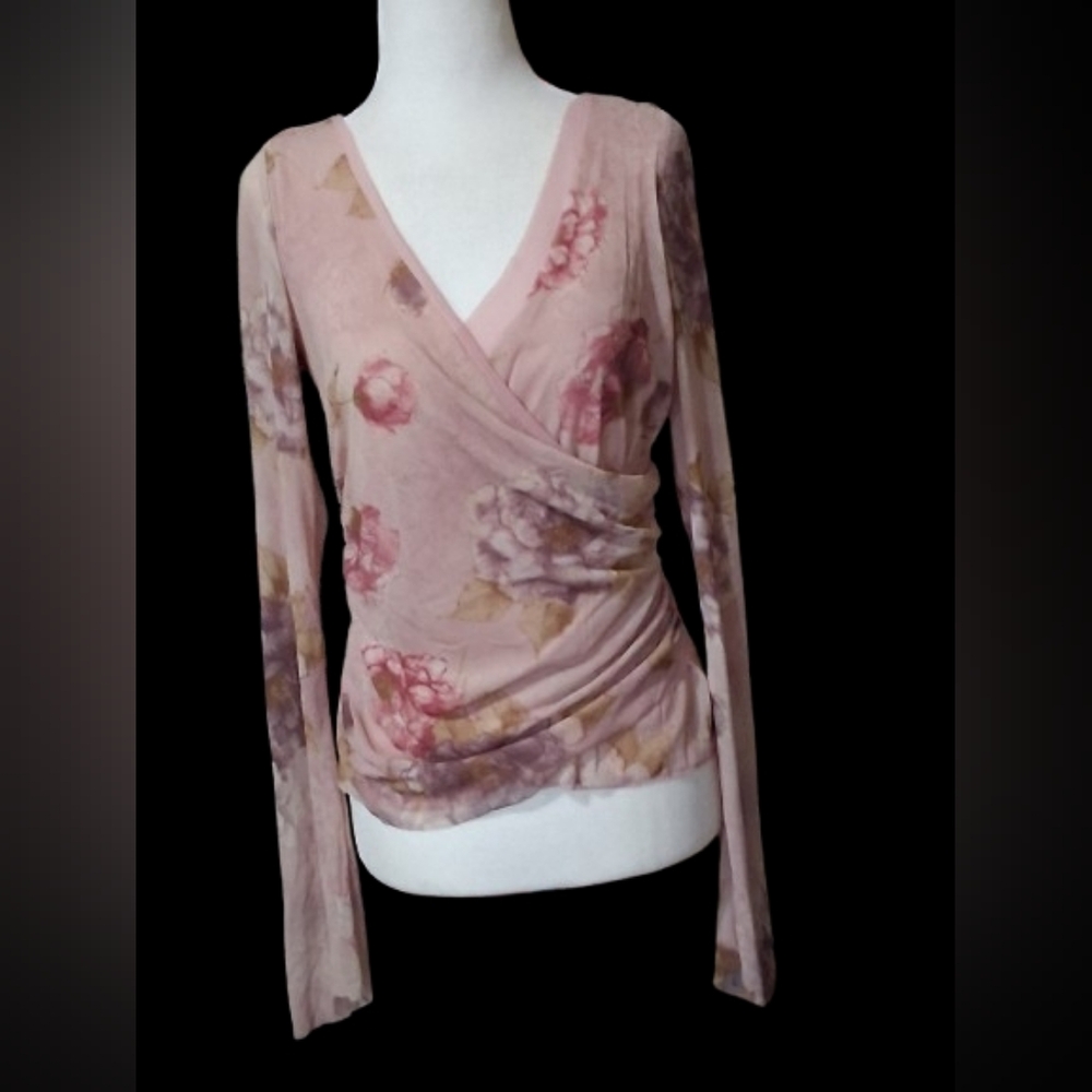 NWOT EXPRESS Floral V-Neck Long Sleeve, Wrap Look, Gafhered Sides, Made USA, LG